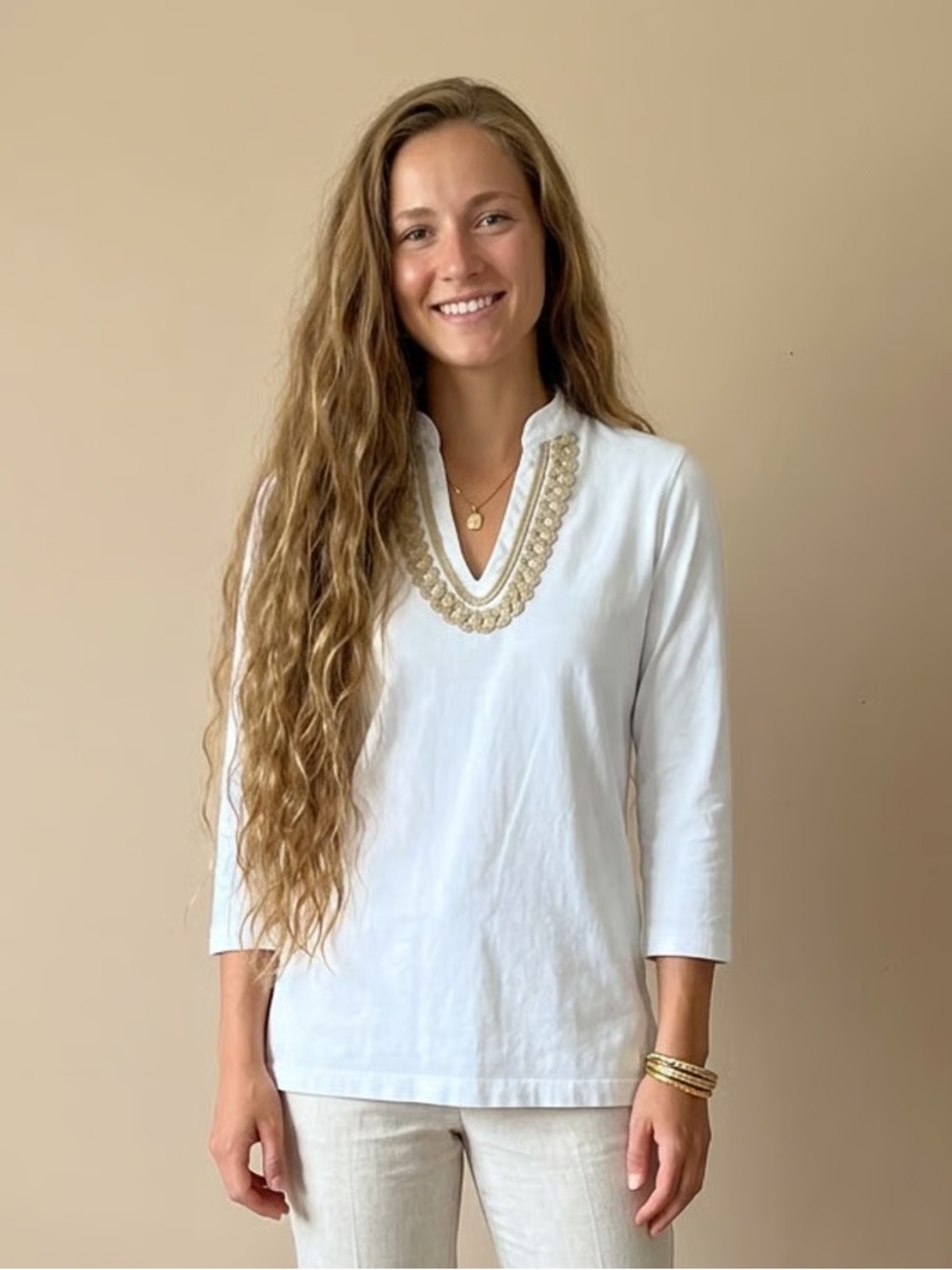 VINEYARD VINES | Cream Embroidered Neck 3/4 Sleeve Tee Sz XS